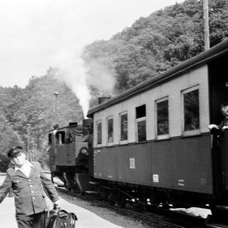 Steam locomotive train with passenger boarding near forested area.