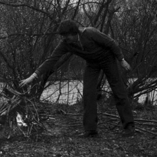 Two men clearing fallen trees by a water body.