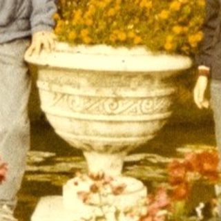 Two people standing by a fountain in a historic garden.