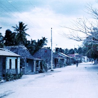 Rural coastal village street with simple houses.