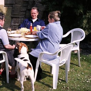 Four people and a dog enjoying outdoor meal together.