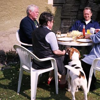 Four people and a dog enjoying outdoor meal together.