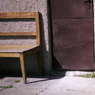 Man sitting with two dogs outside a building.