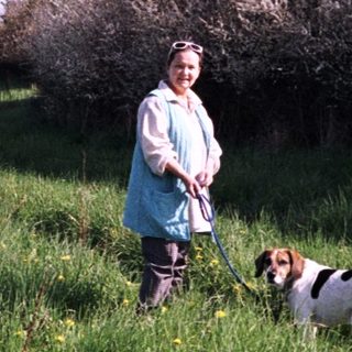 A person walks a dog in a grassy field.