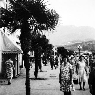 Mid-20th-century seaside promenade with palm trees and people.