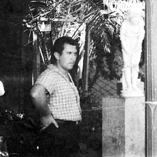 Indoor garden scene with man and statue.