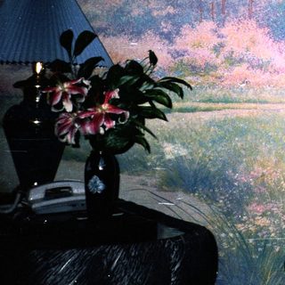 Woman sitting in dimly lit room with large mural.
