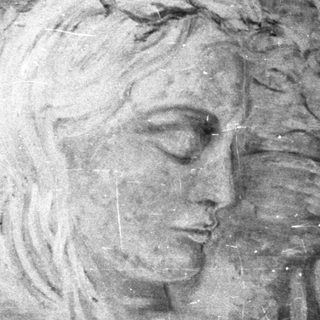 Here's a brief summary of the image: Framed portrait of a woman with closed eyes.