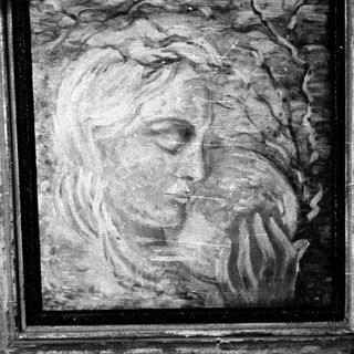 Framed portrait of a woman with hand near face.