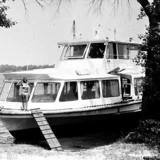 Black and white image of a boat docked by a tree.