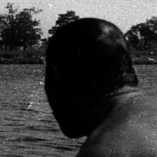 Swimmer in lake, person watching from shoreline.