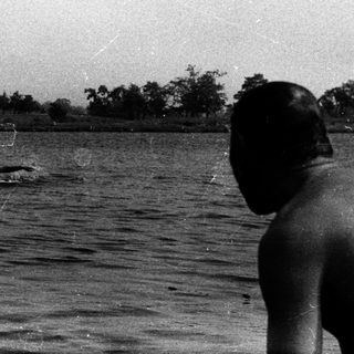 Swimmer in lake, person watching from shoreline.