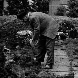 Man tending to a garden alongside a brick wall.
