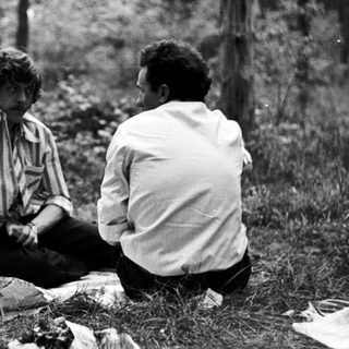 Group picnic in forest with food and conversation.