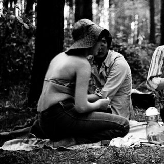 People enjoying picnic in forested area.