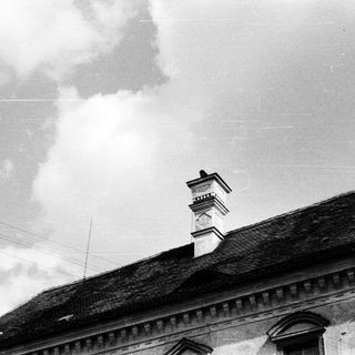 Black-and-white photo of a chimney on a tiled roof.