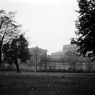 Historic building surrounded by bare trees in park.