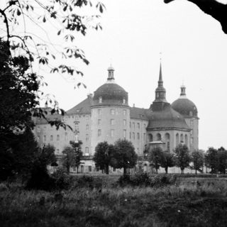 Baroque-style castle with domed towers framed by trees.
