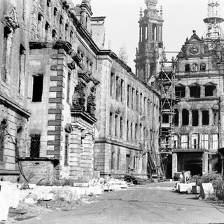 War-damaged historic buildings under reconstruction.