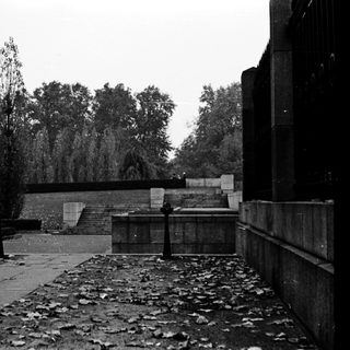 Empty courtyard with concrete benches, trees, and steps.
