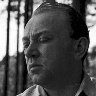 Man in forest, looking contemplative.