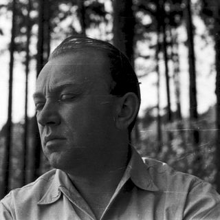 Man in forest, looking contemplative.