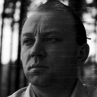 Bald man in forest, serious expression.