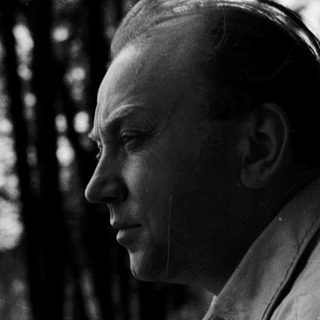 Man in forest, thoughtful expression, mid-century style.