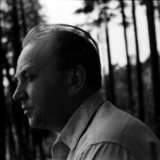 Man in forest, thoughtful expression, mid-century style.