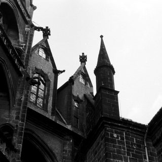Gothic cathedral spires and detailed stonework.