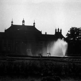 Historic building with fountain in overgrown garden.