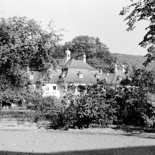 Historic house surrounded by dense trees.