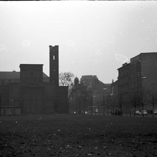 Industrial ruins in urban setting.