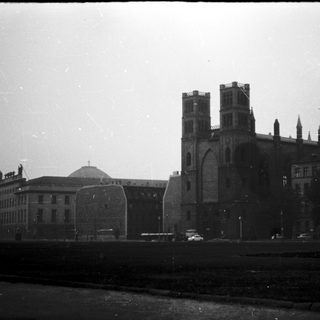 Historic cathedral with Gothic architecture, mid-20th century.