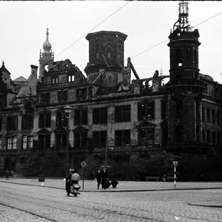 Damaged historic building after wartime destruction.