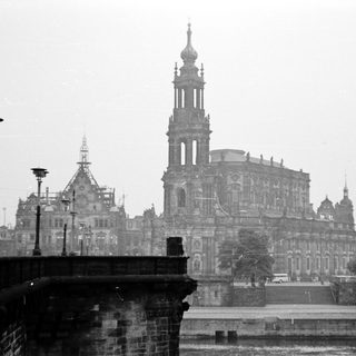 Historic Dresden Cathedral with twin towers.