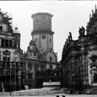 Damaged historic building under restoration.