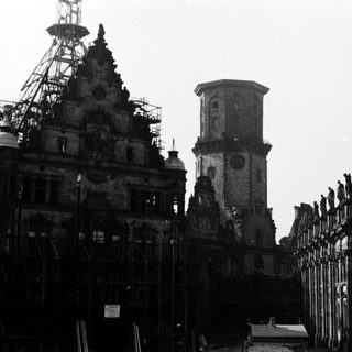 Damaged historic cathedral under restoration.