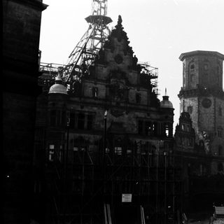 Damaged historic cathedral under restoration.