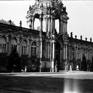 Baroque palace with grand entrance colonnade.