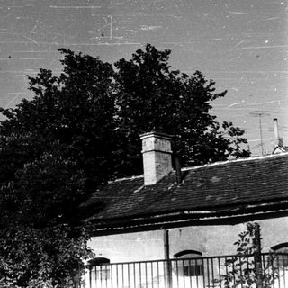 Towering church steeple framed by trees and rooftops.