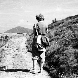 Person hiking on trail overlooking coastal landscape.