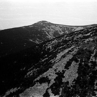 Mountainous landscape with rocky terrain and forested slopes.