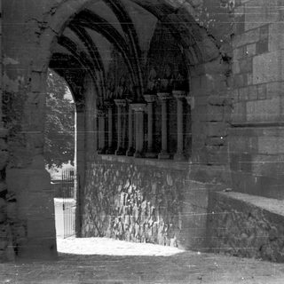 Architectural stone archway with medieval stone carvings.