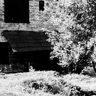 Rural scene with small stream, trees, and old house.