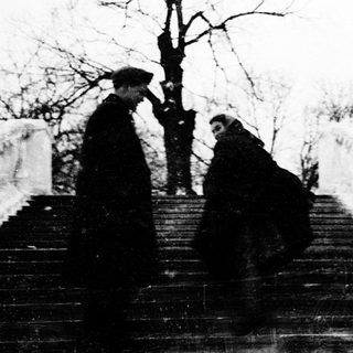 Two individuals descending snow-covered stairs in winter attire.