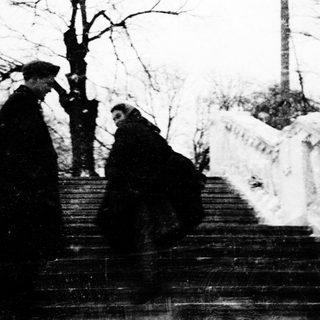 Two individuals descending snow-covered stairs in winter attire.