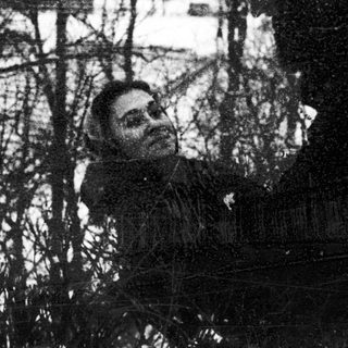 A person sitting alone in a barren, wintry forest.