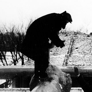 Circus performer balances on elephant with woman watching.