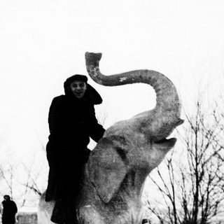 Person posing with large ice elephant sculpture.